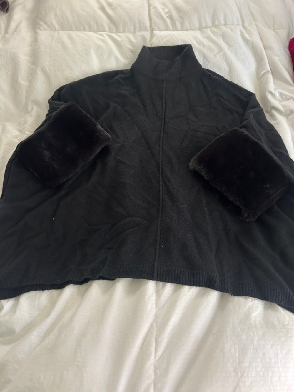 Women's Cashmere Black Mock Neck Poncho with Faux Fur Cuffs